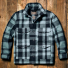 Filson Mackinaw Cruiser Jacket Faded Blue/Black Heritage on wooden background