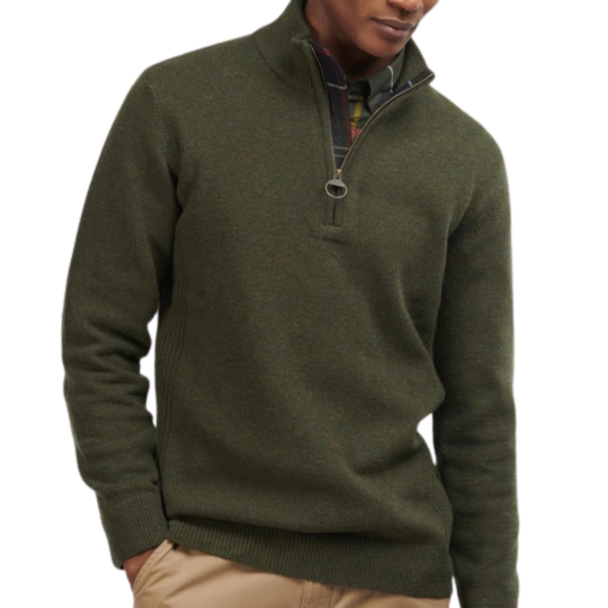 Barbour Holden Half Zip Lambswool Sweater Olive Marl, trui gemaakt van eersteklas lamswol