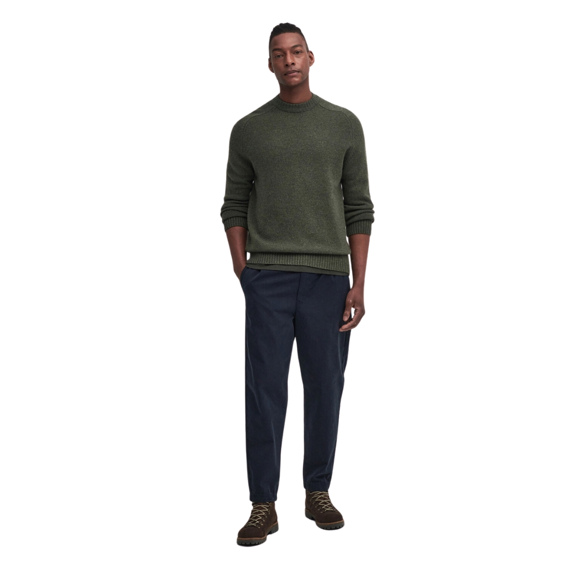 Barbour Grangetown Merino Crew Neck Sweater in Mid Olive, trui gemaakt van eersteklas wol