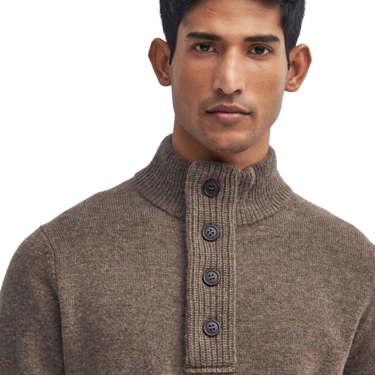 Barbour Patch Half Button Lambswool Sweater Dark Stone, trui gemaakt van eersteklas lamswol