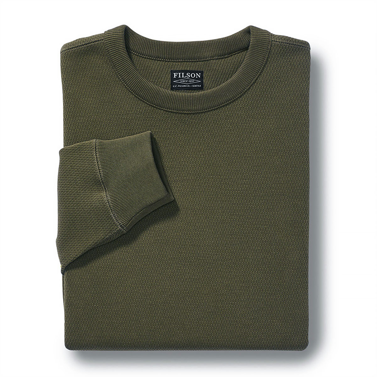 Filson Waffle Knit Thermal Crew Mossy Rock, een ideale basislaag in koude weersomstandigheden