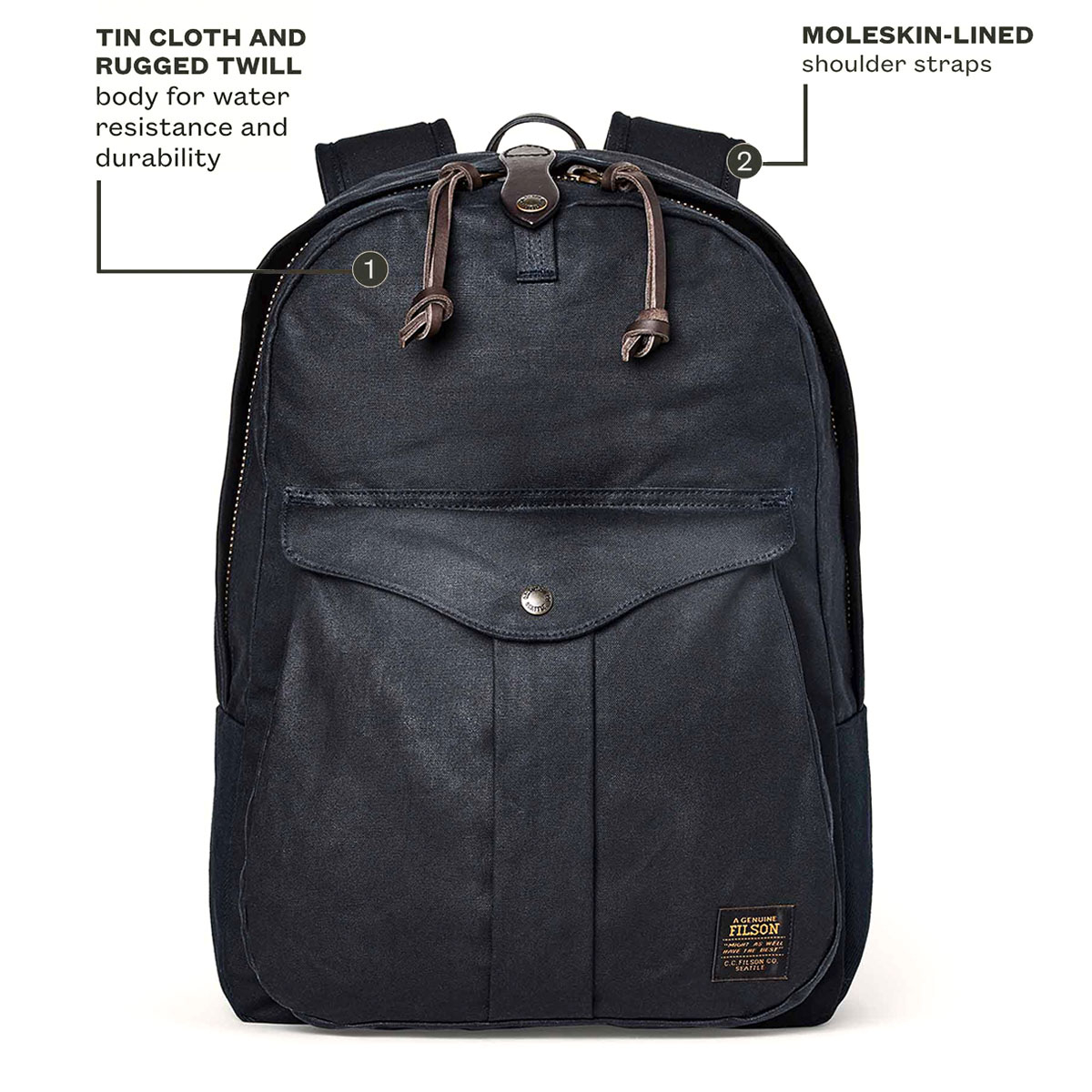 Filson Journeyman Backpack Navy, gemaakt van Tin Cloth en Rugged Twill Canvas voor waterdichtheid en duurzaamheid