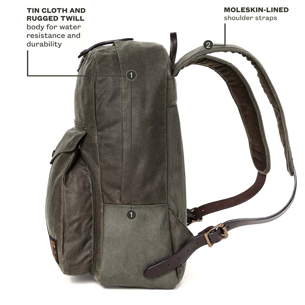 Filson Journeyman Backpack Otter Green, gemaakt van Tin Cloth en Rugged Twill Canvas voor waterdichtheid en duurzaamheid