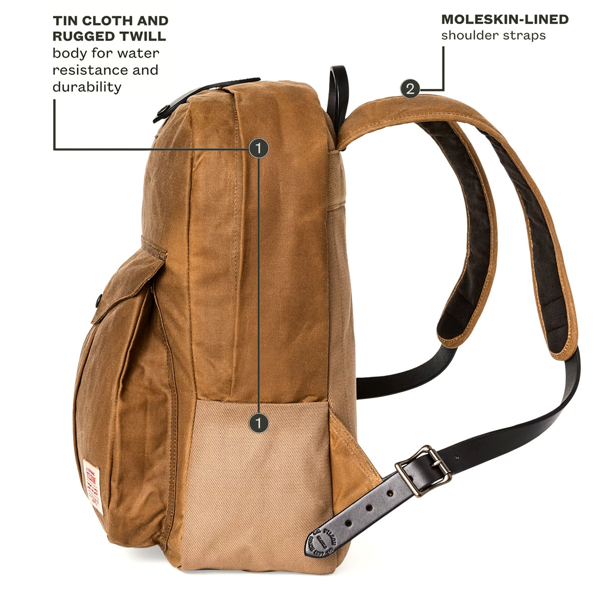 Filson Journeyman Backpack Tan, gemaakt van Tin Cloth en Rugged Twill Canvas voor waterdichtheid en duurzaamheid