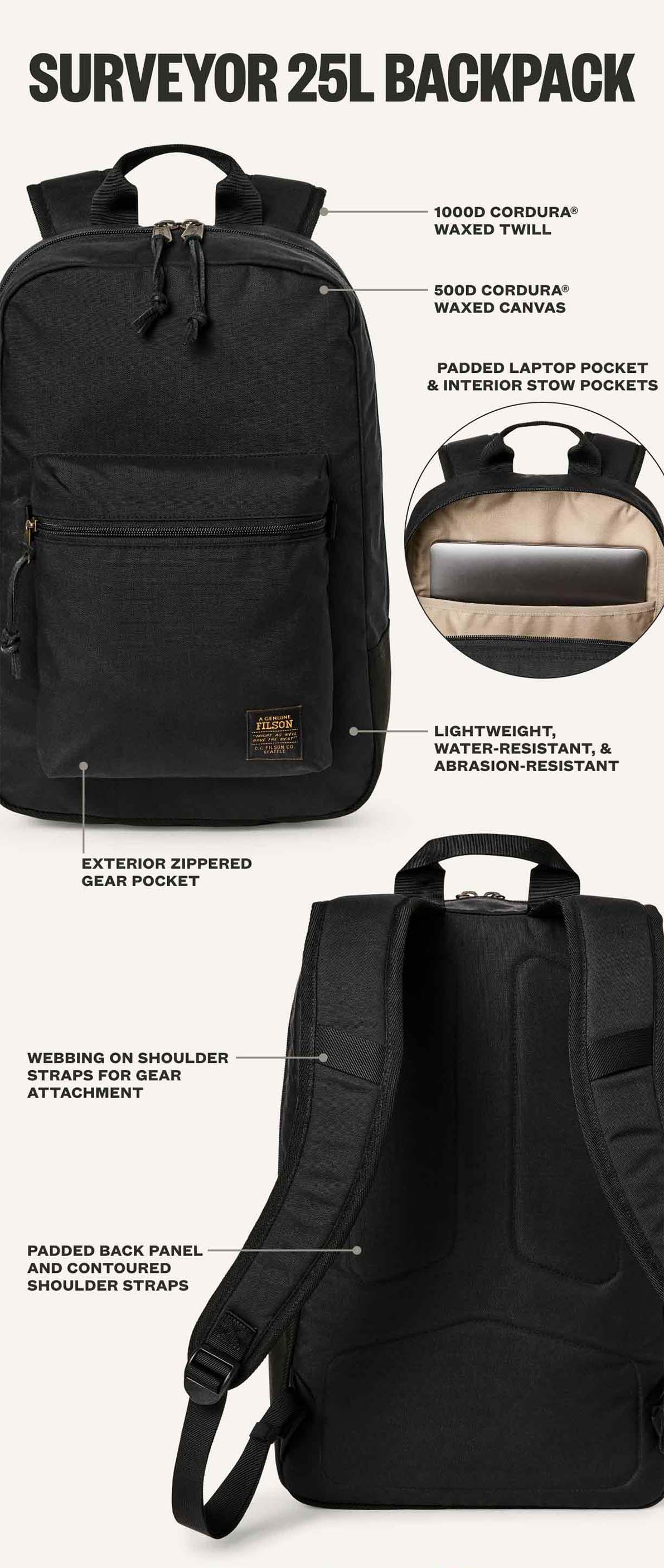 Filson Surveyor 25L Backpack Black, voorzien van een gewatteerd laptopvak