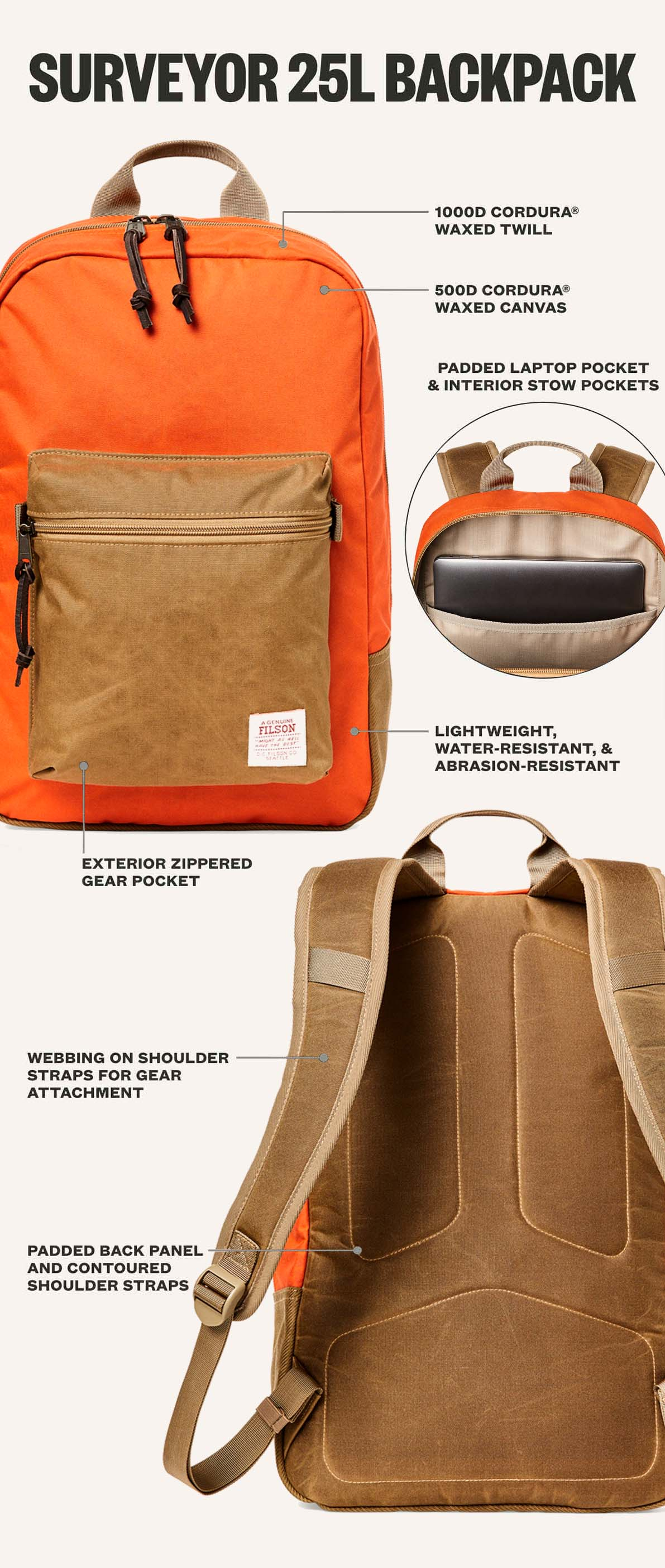 Filson Surveyor 25L Backpack Dark Tan/Flame, uitgelegd