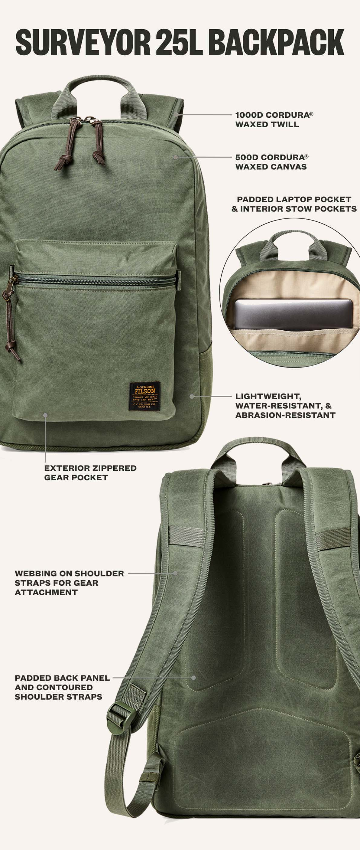 Filson Surveyor 25L Backpack Service Green, uitgelegd