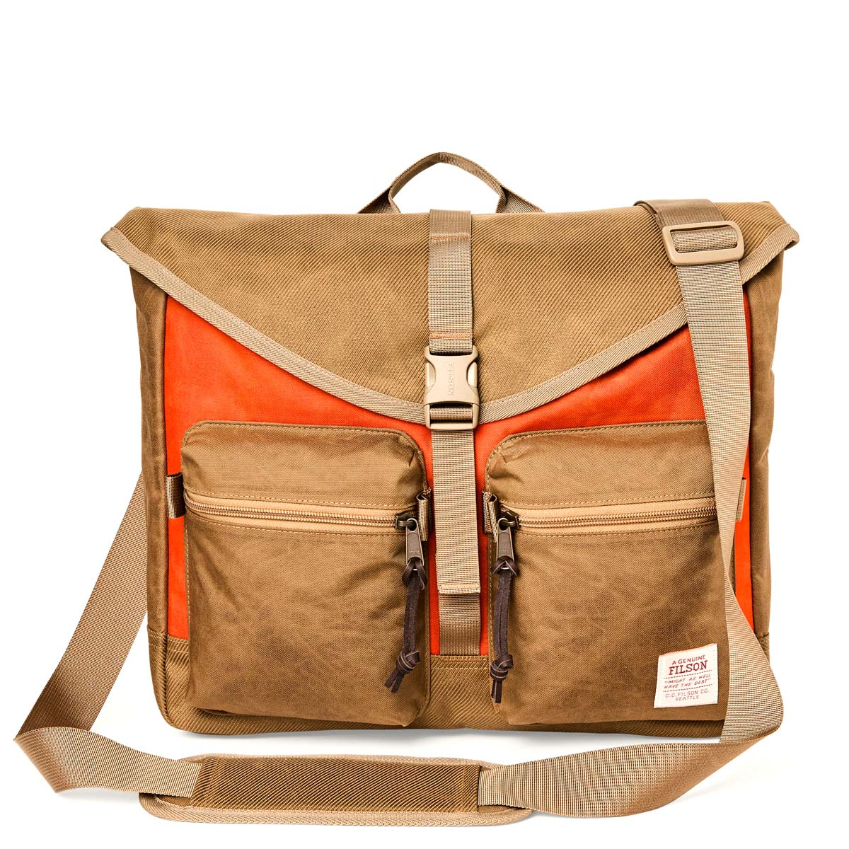 Filson Surveyor Messenger Bag Dark Tan/Flame, duurzame en veelzijdige messenger bag die bestand is tegen intensief gebruik