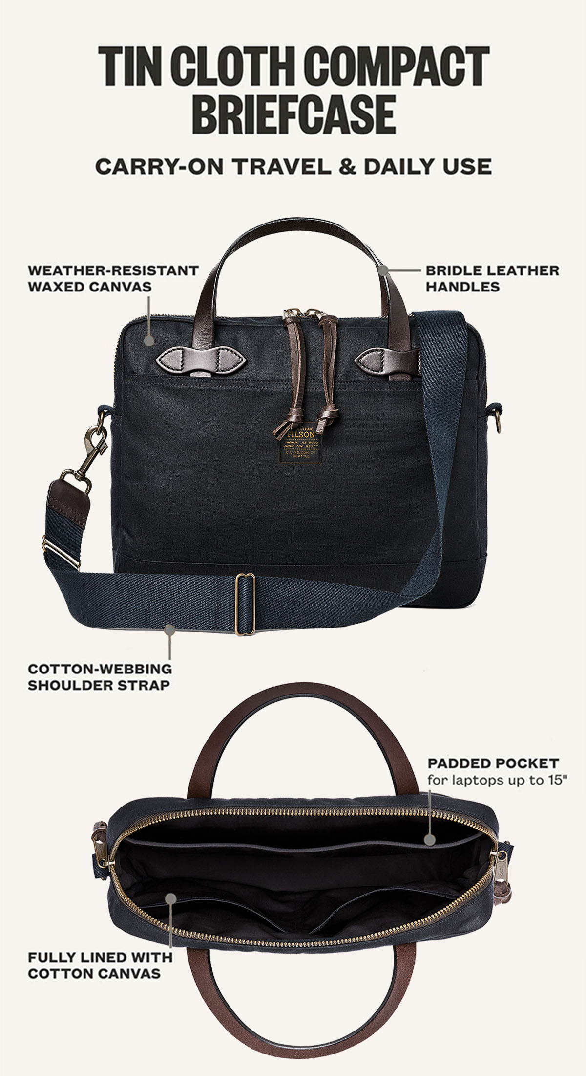 Filson Tin Cloth Compact Briefcase Navy, uitgelegd