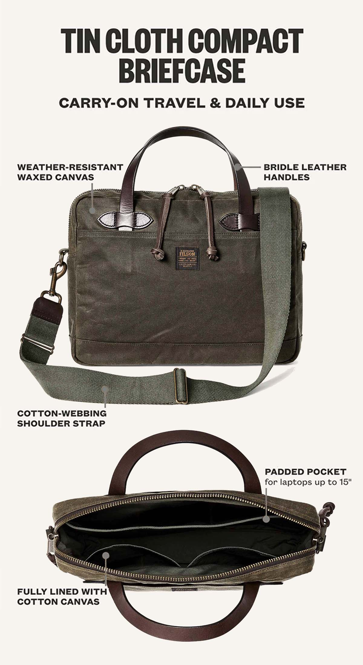 Filson Tin Cloth Compact Briefcase Otter Green, uitgelegd