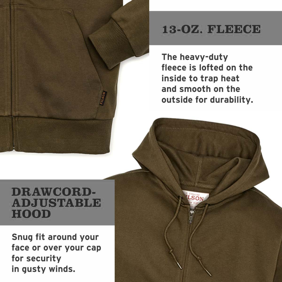 Filson Prospector Full Zip Hoodie Dark Olive, een koel-weer basic gemaakt voor de lange termijn, gemaakt van stevig 13-oz. fleece