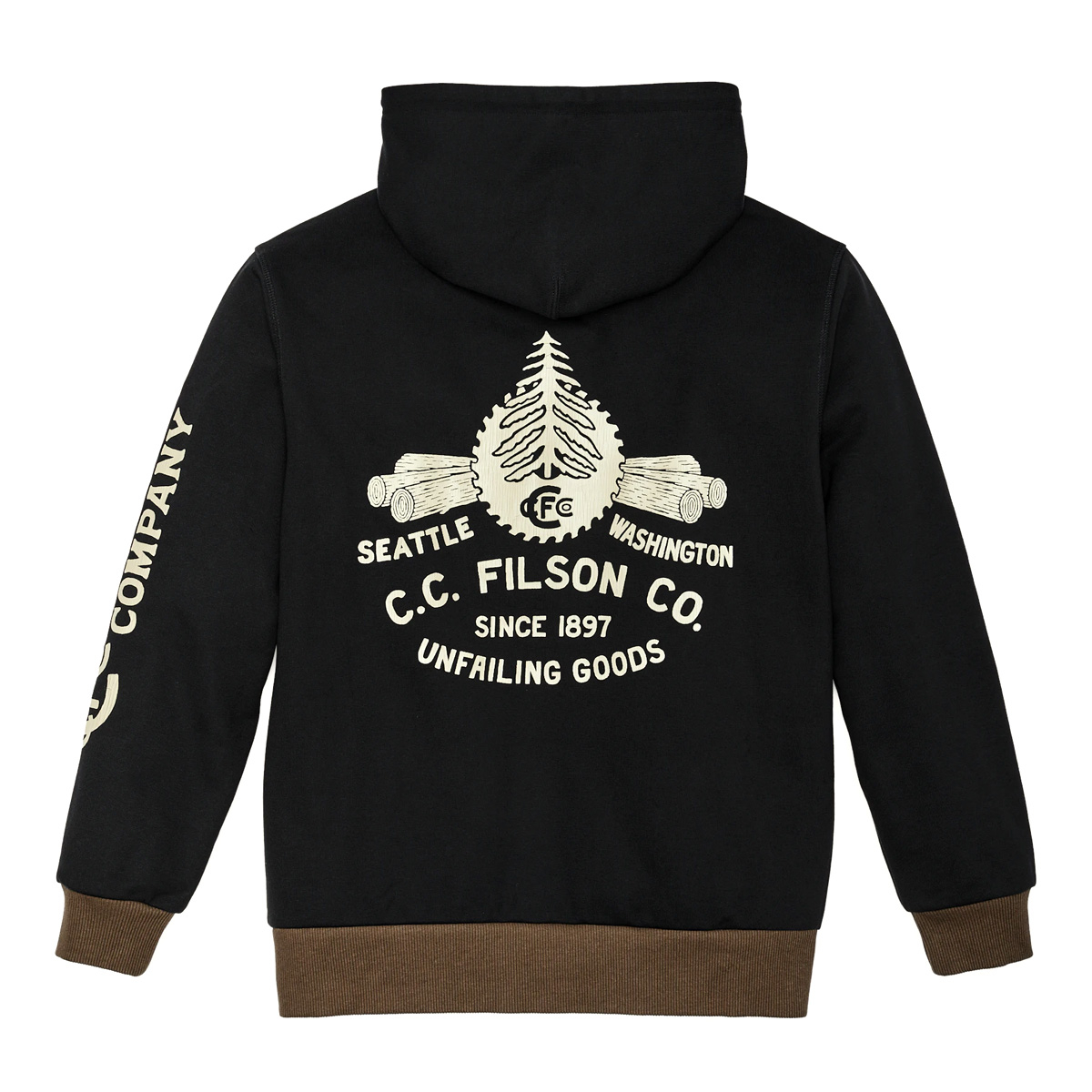 Filson Prospector Graphic Hoodie Black/Log Mill, warme pullover die van frisse dagen en koele avonden jouw favoriete soort weer maakt