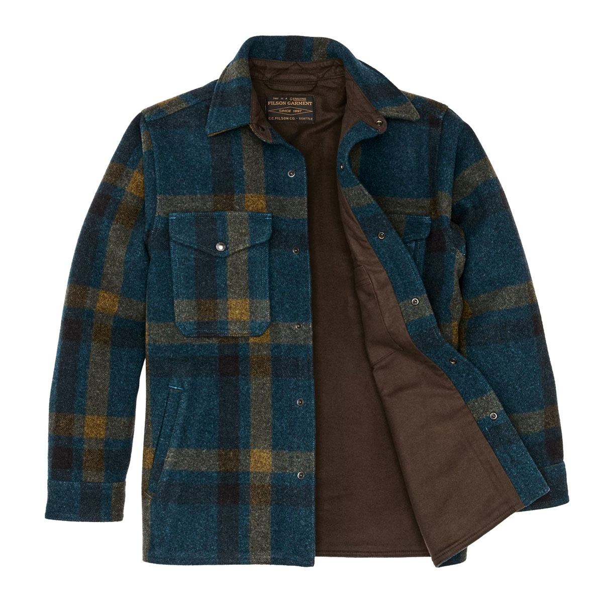 Filson Lined Mackinaw Wool Jac-Shirt Teal/Ochre Plaid, dankzij de betrouwbare drukknopen aan de voorkant, de kleppen van de borstzakken en de verstelbare manchetten is dit Jac-shirt gemakkelijk te gebruiken, zelfs met handschoenen