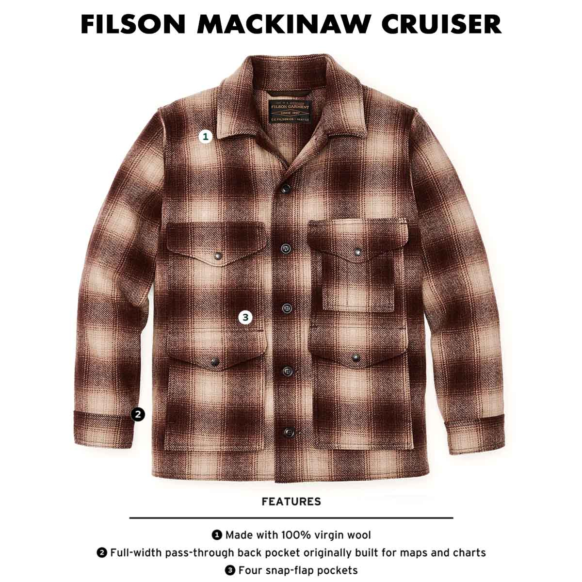 Filson Mackinaw Wool Cruiser Brown/Tan Ombre, kenmerken