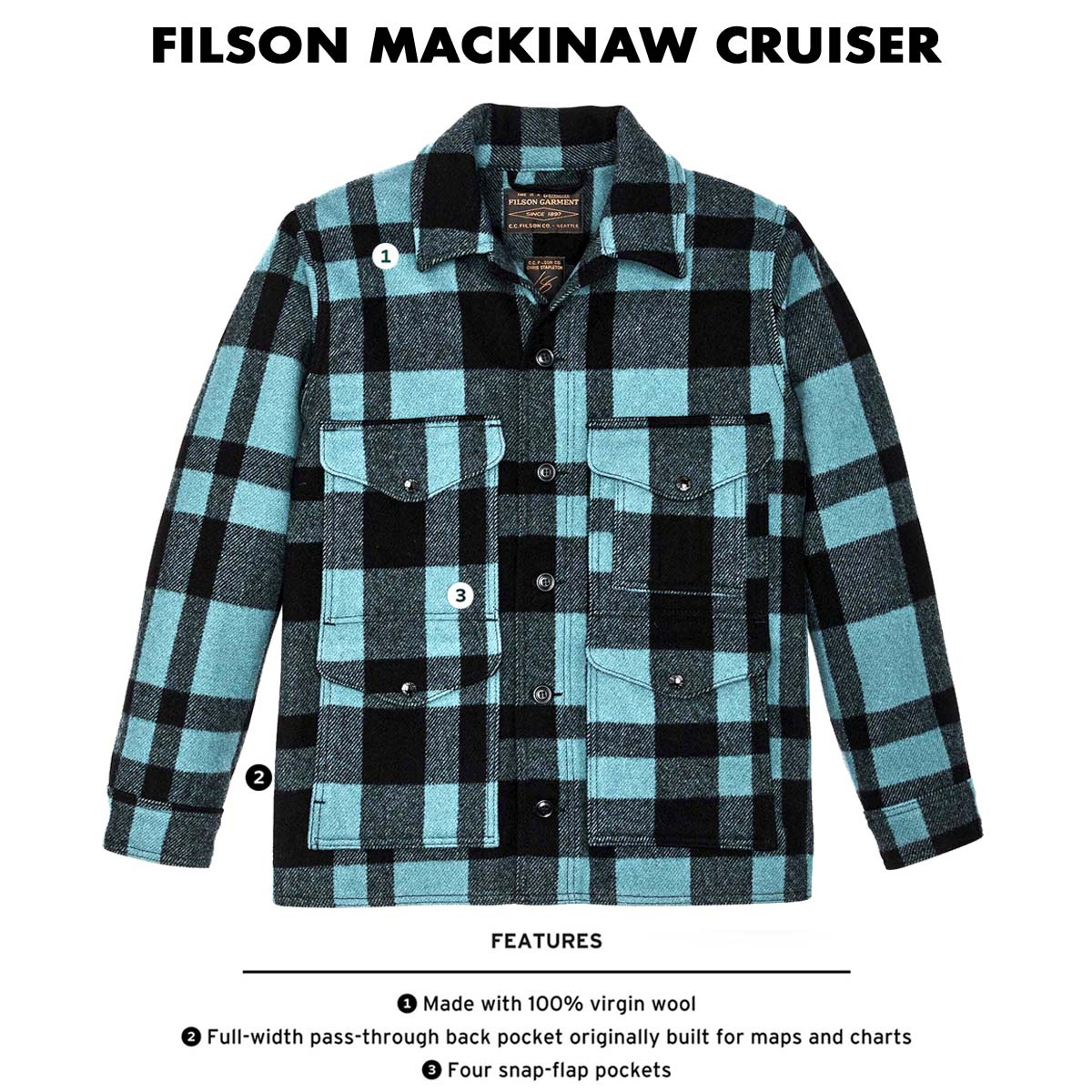 Filson Mackinaw Wool Cruiser Jacket Faded Blue/Black Heritage, kenmerken