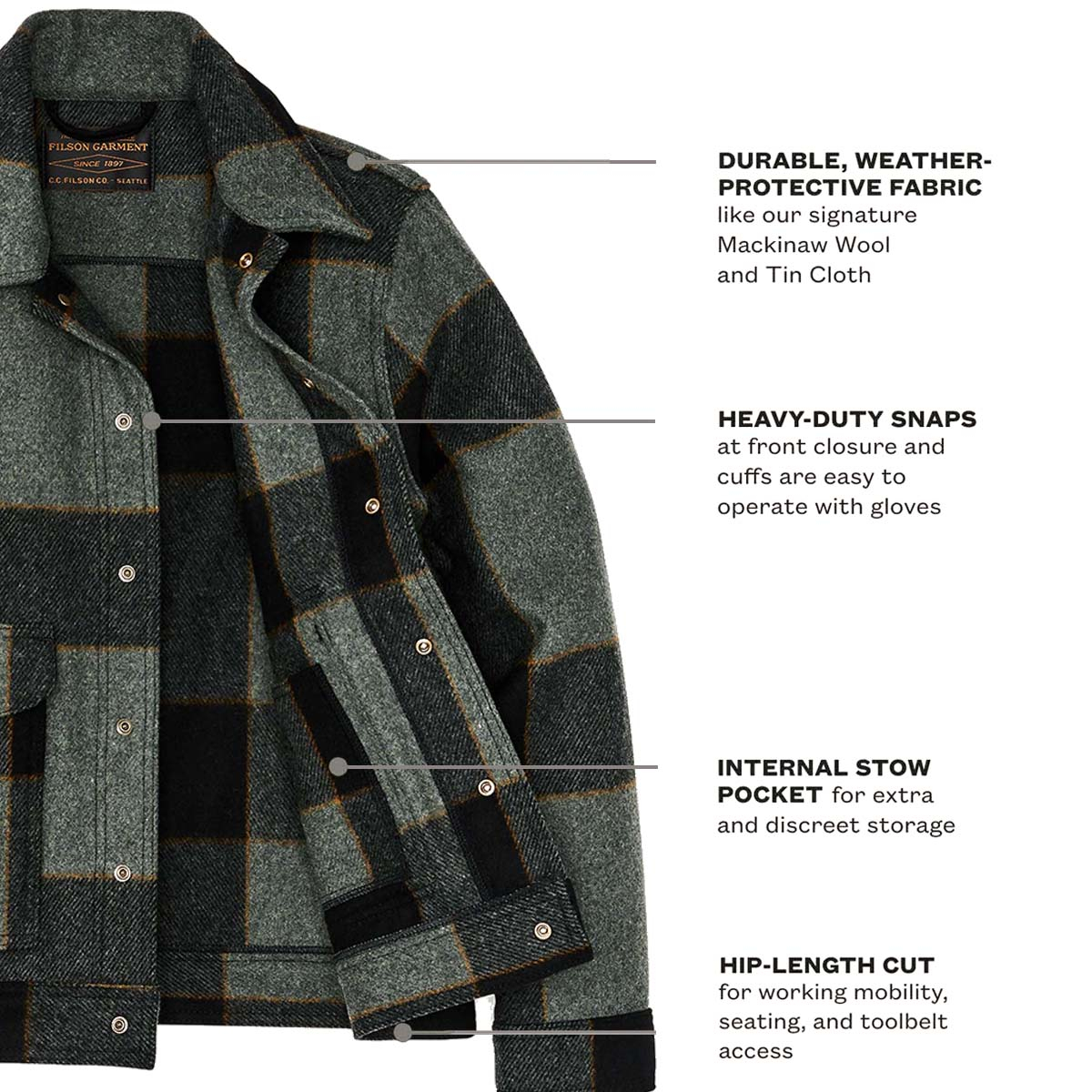 Filson Mackinaw Wool Work Jacket Graystone/Black Plaid, Snap Closures and Chest Pockets