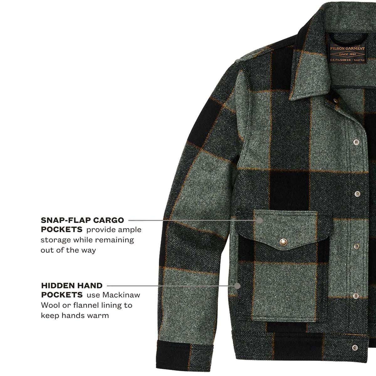 Filson Mackinaw Wool Work Jacket Graystone/Black Plaid, Legendary Mackinaw Wool and Sewn in Seattle