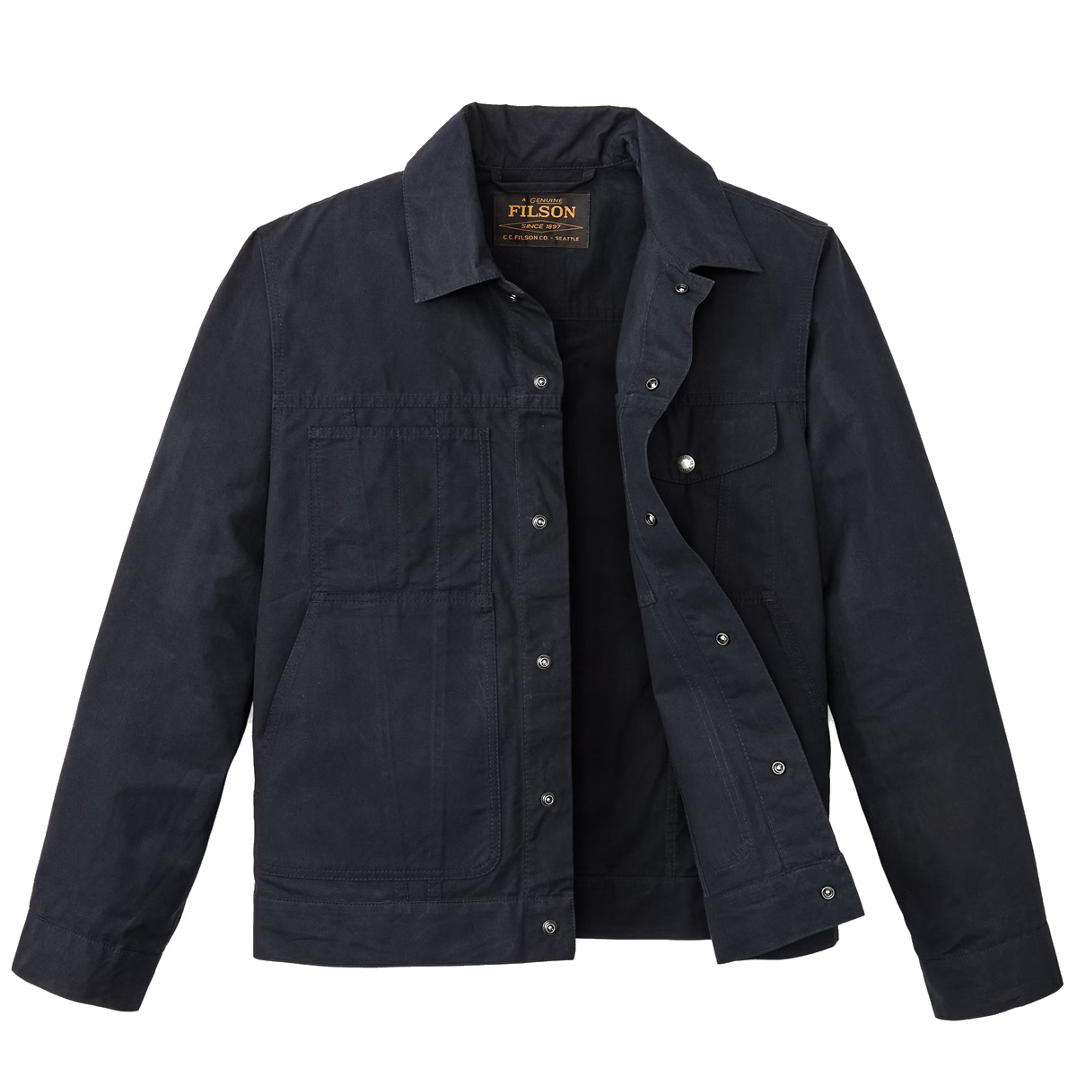 Filson Ranger Short Cruiser Navy, stoer jack op heuplengte van lichter, wasbaar gewaxt katoen voor warmer weer