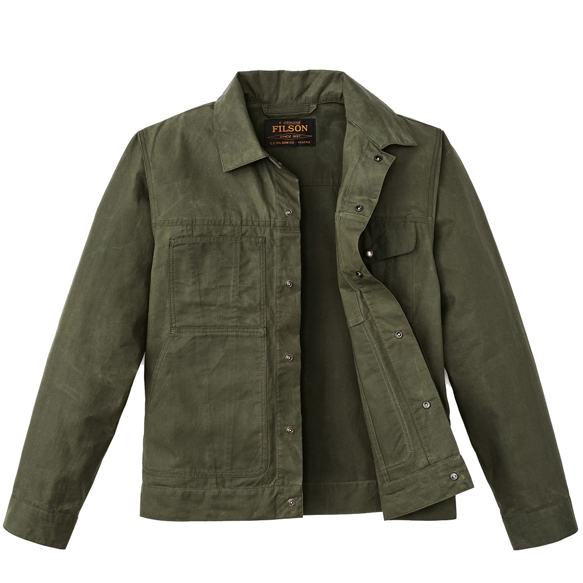 Filson Ranger Short Cruiser Olive, stoer jack op heuplengte van lichter, wasbaar gewaxt katoen voor warmer weer