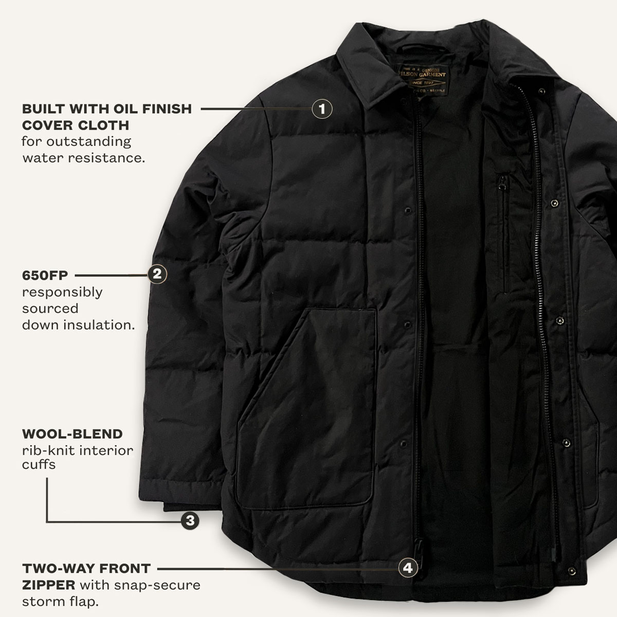 Filson Waxed Down Barn Coat Black Onyx, kenmerken