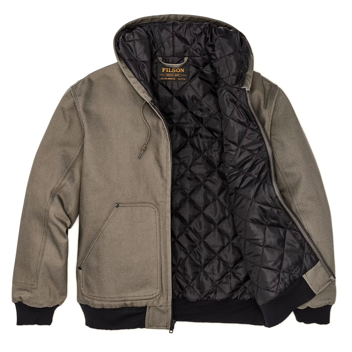 Filson Worksmith Insulated Bomber Jac Tarmac, een robuuste jas met capuchon gemaakt van sterk canvas en warme isolatie