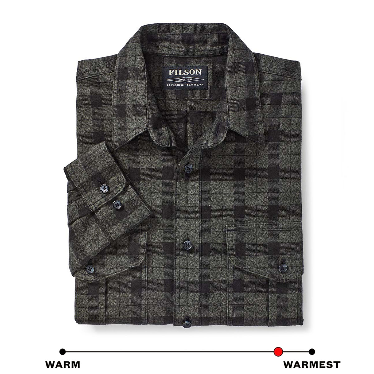 Filson Alaskan Guide Shirt Heather Gray Black, dit iconische, ademende flanellen overhemd heeft een geplooide rug voor extra bewegingsvrijheid