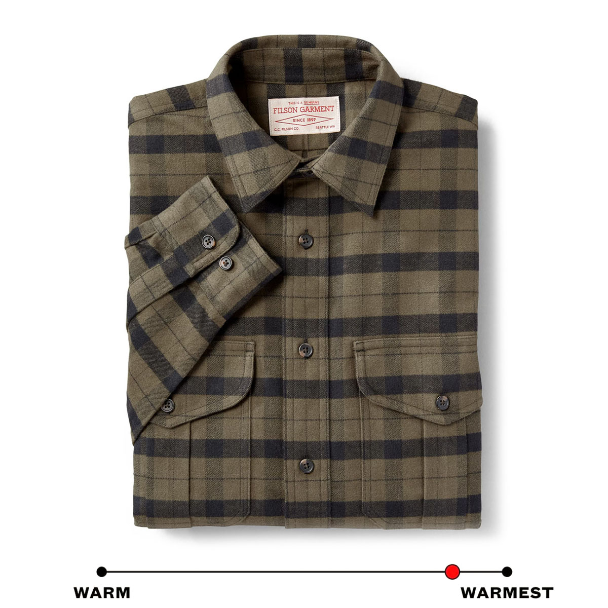 Filson Alaskan Guide Shirt Otter Green/Black Plaid, dit iconische, ademende flanellen overhemd heeft een geplooide rug voor extra bewegingsvrijheid