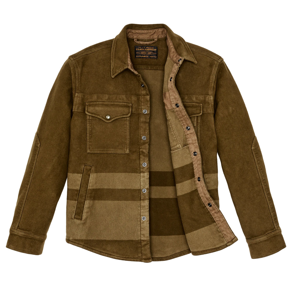 Filson Beartooth Jac-Shirt Marsh Olive Blanket Stripe, een warm en comfortabel 3-seizoenenoverhemd