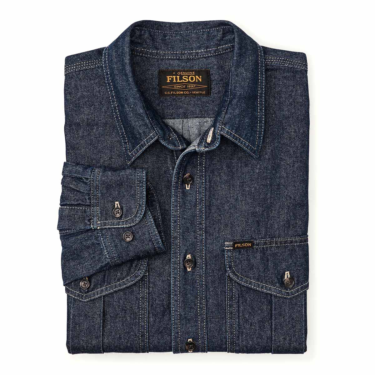 Filson Denim Guide Shirt Rinse Indigo, stoer en klaar voor het werk denim shirt