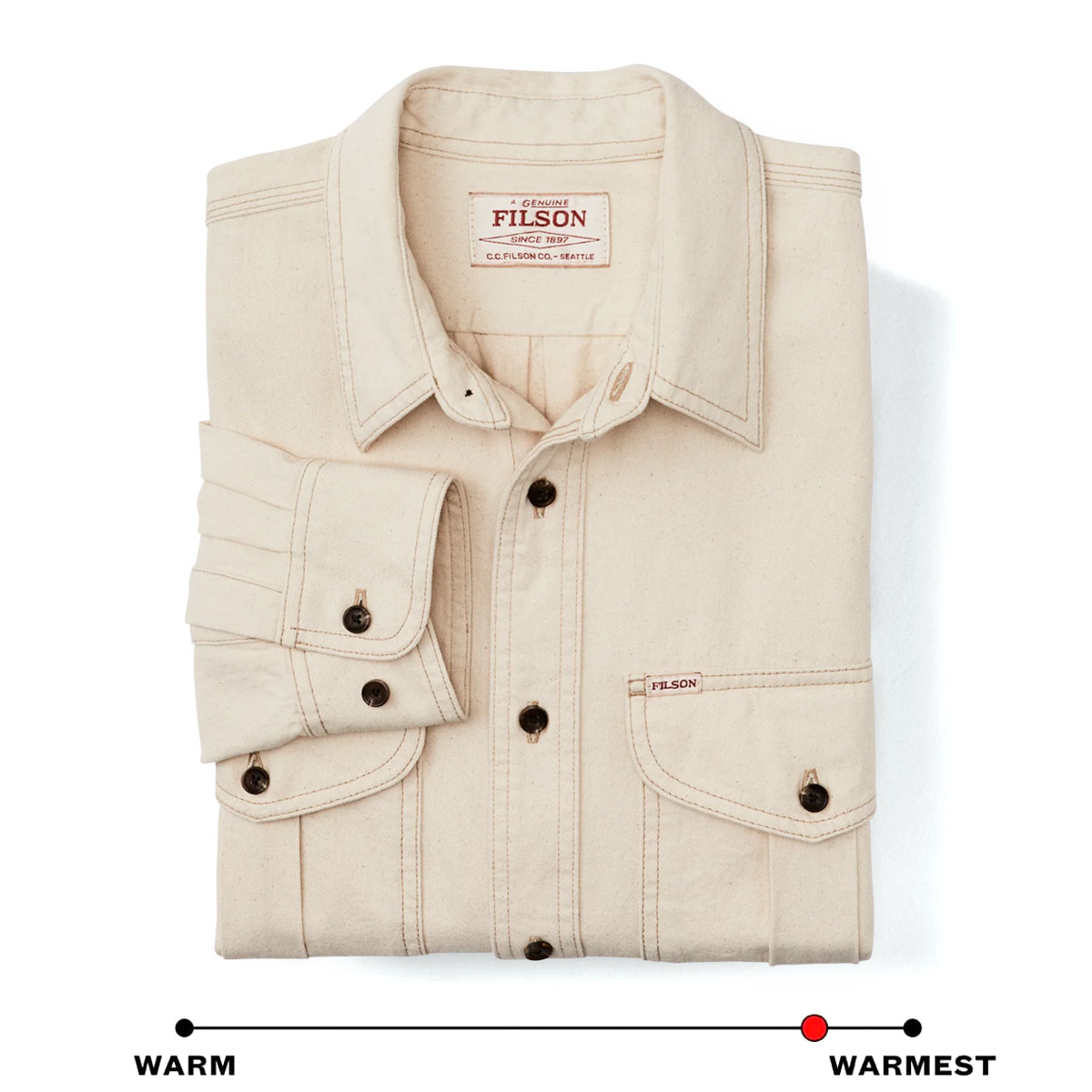 Filson Natural Twill Guide Shirt Natural Seed, dit ademende flanellen shirt heeft een geplooide rug voor bewegingsvrijheid en is gemaakt voor buitenactiviteiten