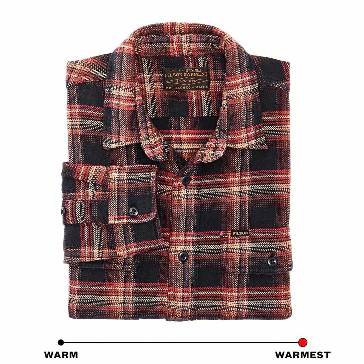 Filson Vintage Flannel Work Shirt Black/Rust/Multi Plaid, warm katoenen overhemd met knoopsluiting en een zachte geborstelde twill binnenkant