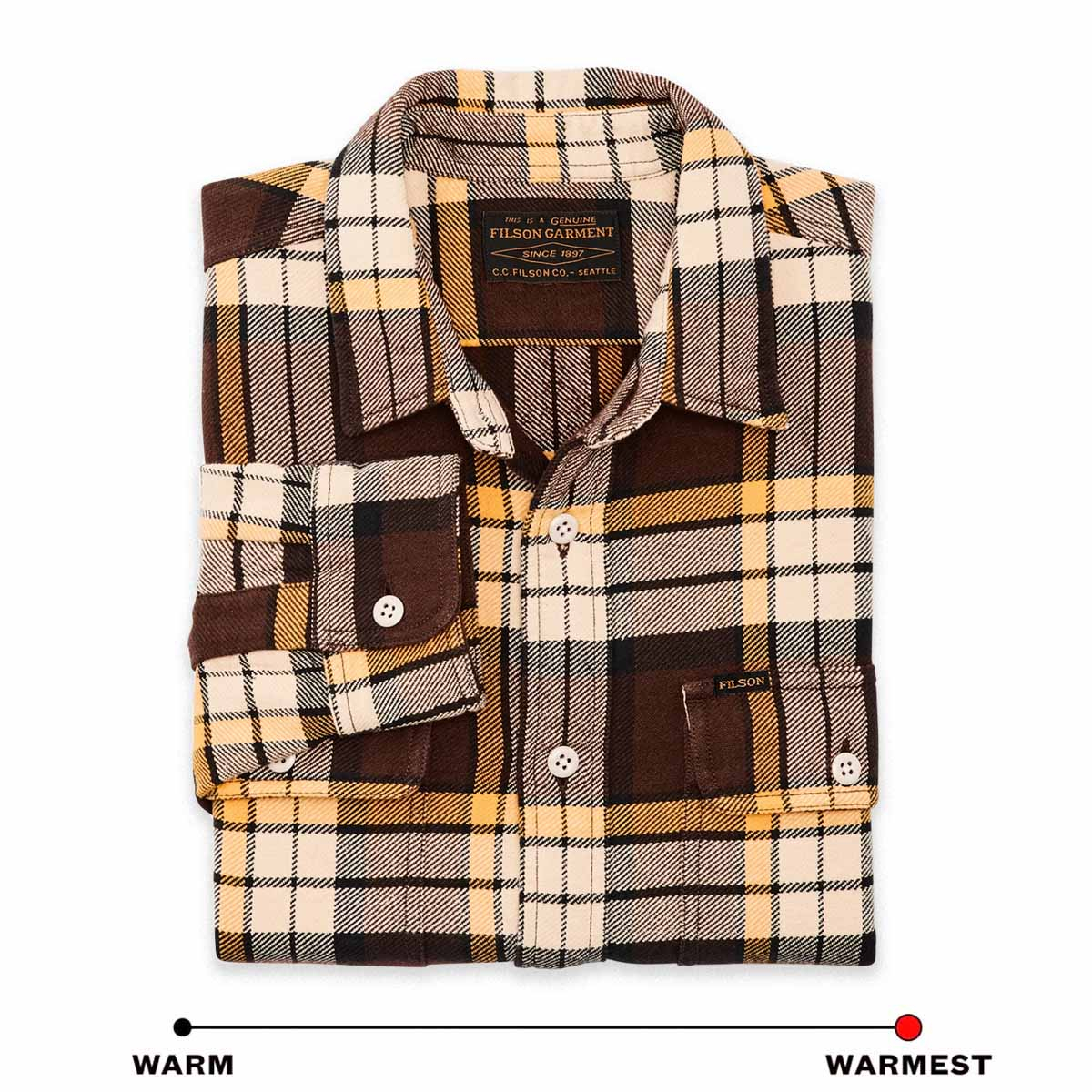 Filson Vintage Flannel Work Shirt Brown/Yellow/Multi Plaid, warm katoenen overhemd met knoopsluiting en een zachte geborstelde twill binnenkant