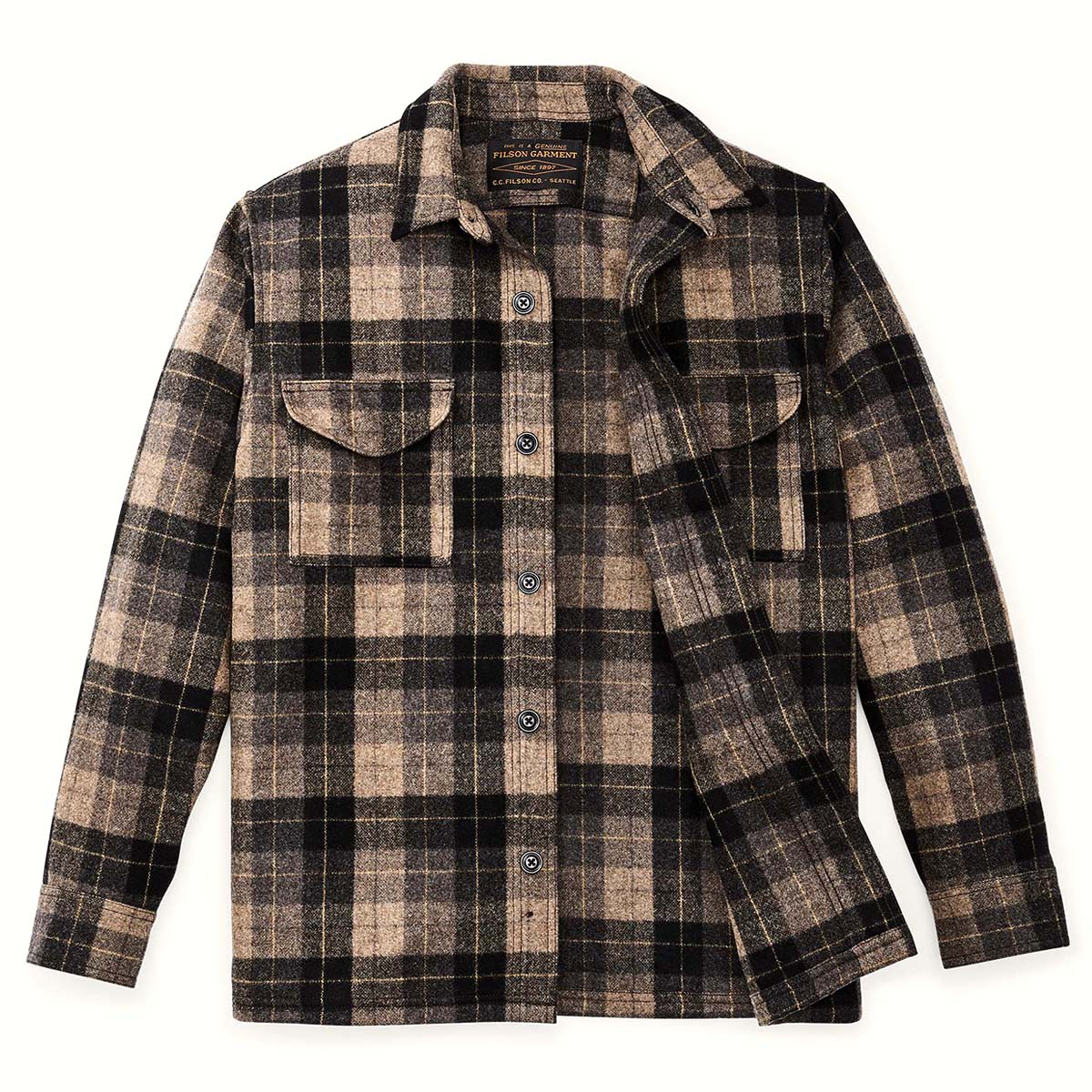 Filson Wool Jac-Shirt Oat/Brown/Heather/Multi Plaid, heeft borstzakken met kleppen en verborgen knopen en een rechte zoom om los te dragen