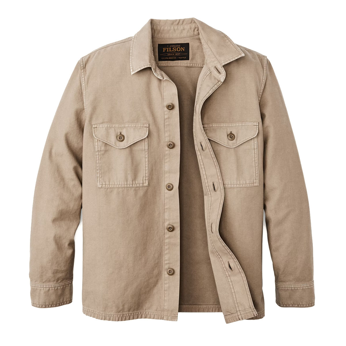 Filson Field Jac-Shirt Gray Khaki, een eersteklas Jac-shirt gebaseerd op vintage militaire veldjassen. Lichtgewicht en uitzonderlijk duurzaam