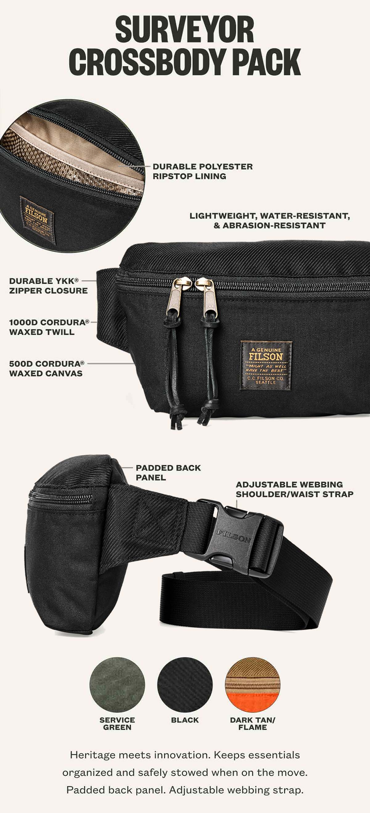 Filson Surveyor Crossbody Pack Black, buitenachtervak beveiligd met een sterke YKK® rits