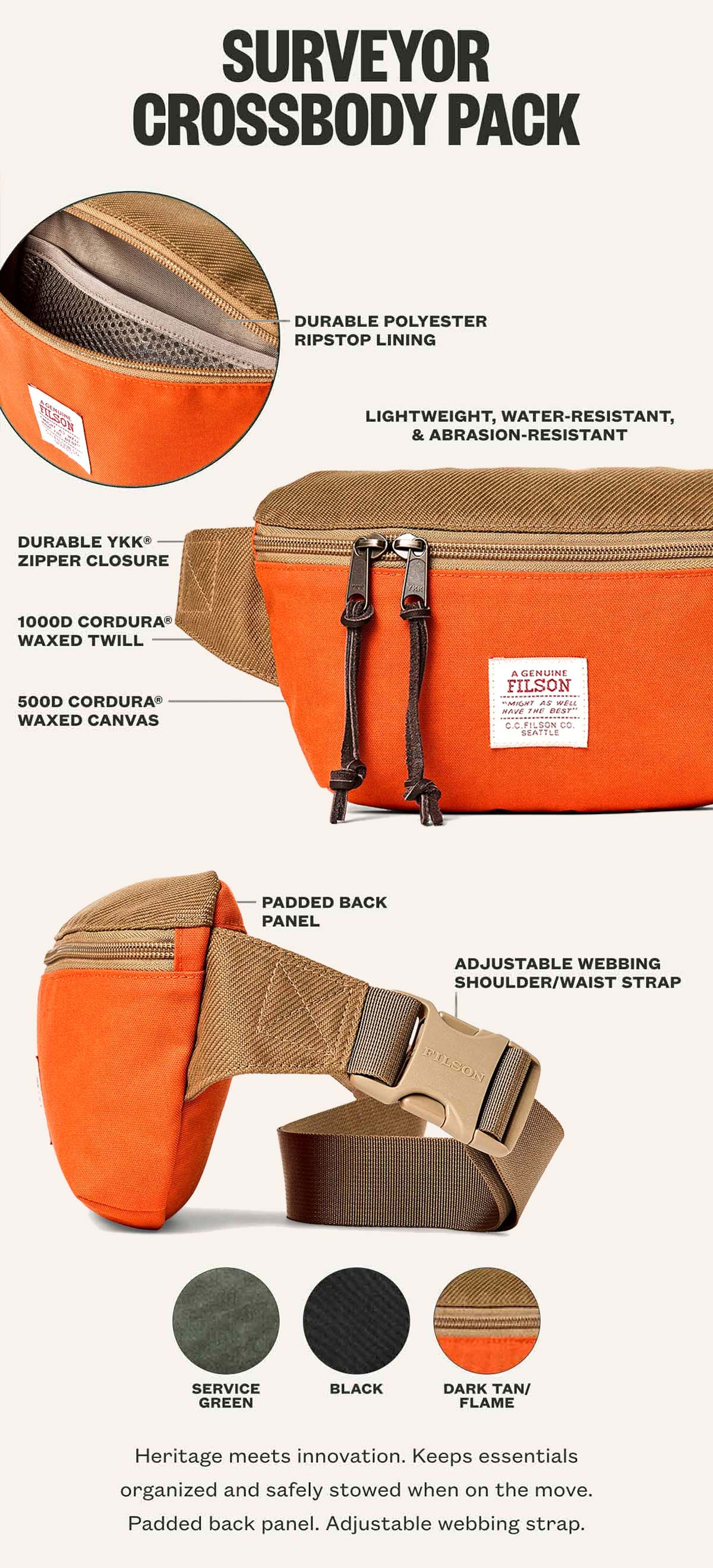 Filson Surveyor Crossbody Pack Dark Tan/Flame, uitgelegd