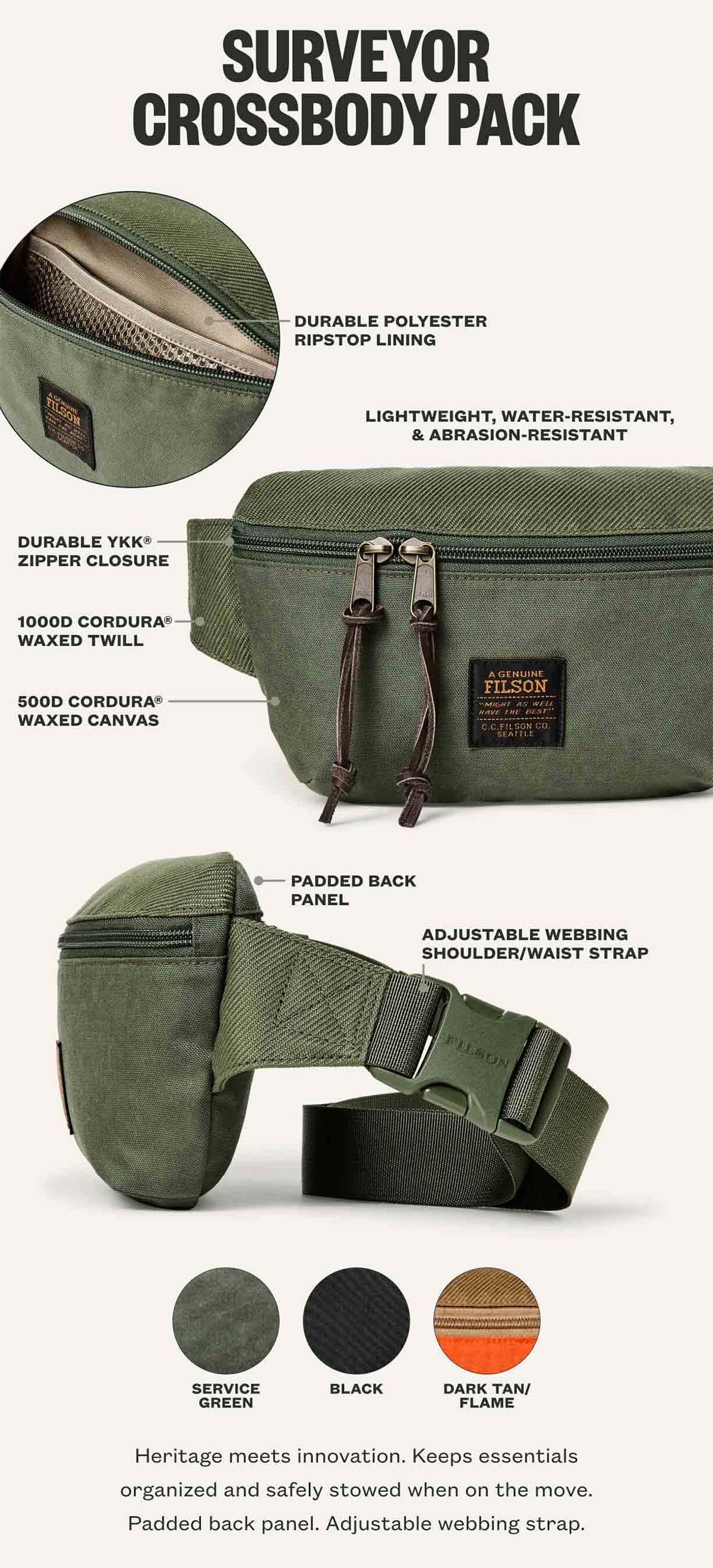 Filson Surveyor Crossbody Pack Service Green, uitgelegd