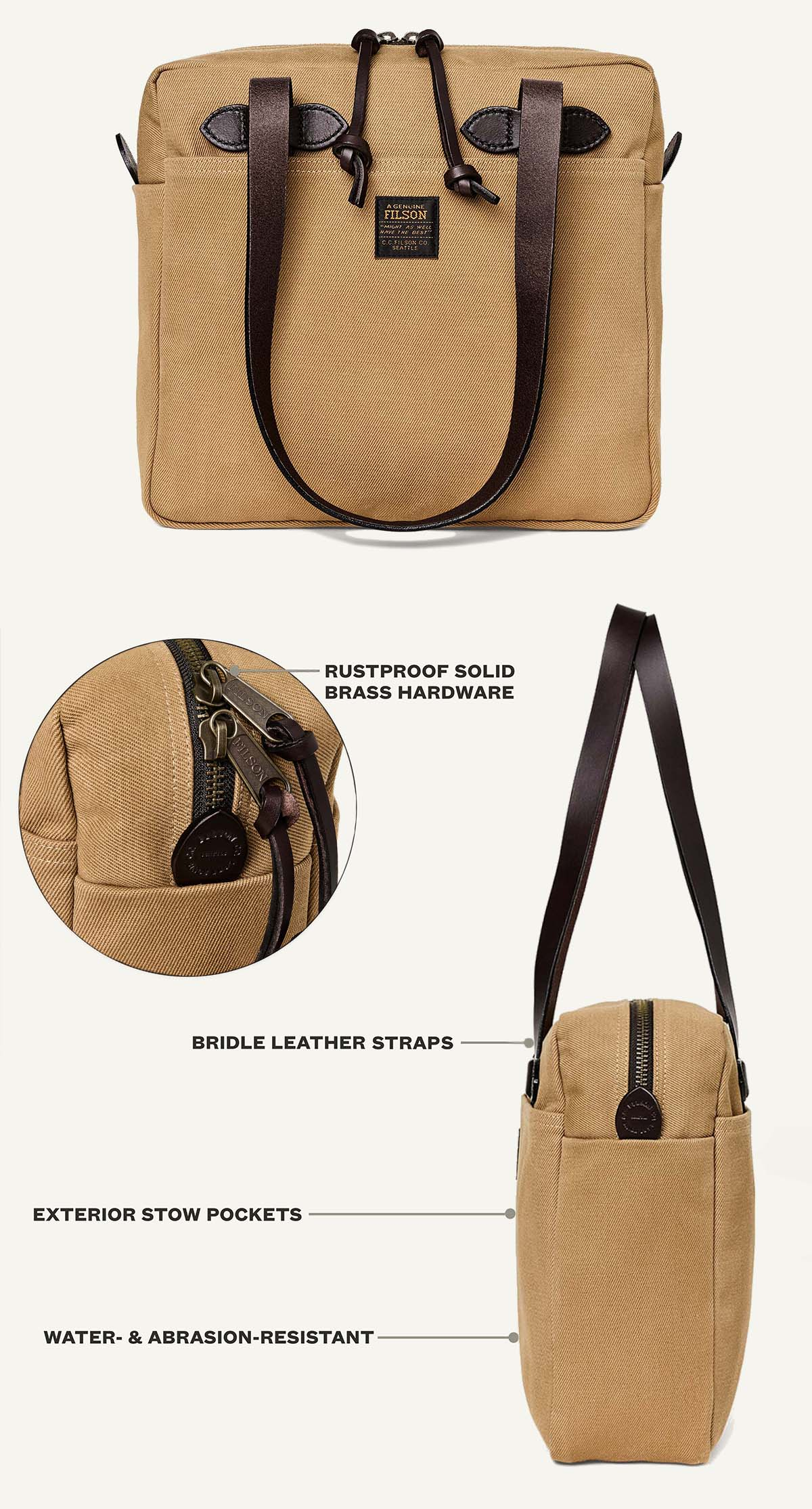 Filson Rugged Twill Small Zipper Tote Bag Tan is super stevig en ideaal om boodschappen mee te doen of om mee te nemen als daypack in de stad