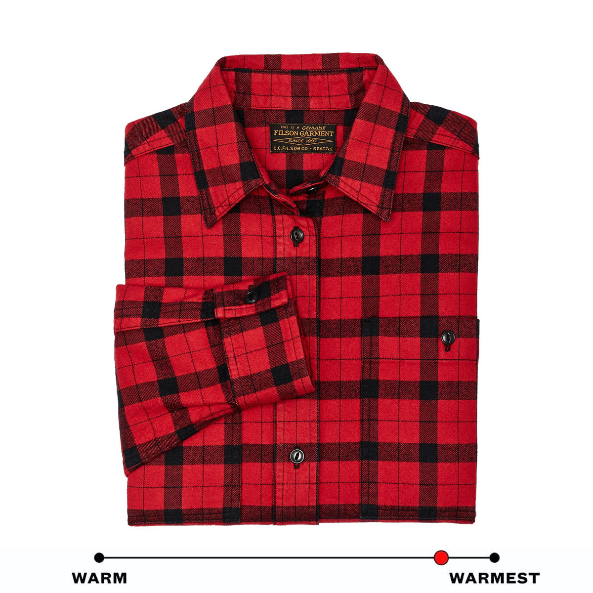 Filson Women's Alaskan Guide Shirt Red/Black Plaid, dit iconische, ademende flanellen overhemd heeft een geplooide rug voor bewegingsvrijheid