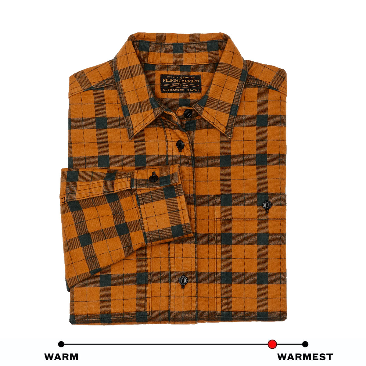 Filson Women's Alaskan Guide Shirt Spruce/Squash Plaid, dit iconische, ademende flanellen overhemd heeft een geplooide rug voor bewegingsvrijheid