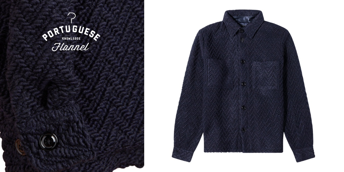 Portuguese Flannel Knitted Herringbone Overshirt Navy, vervaardigd door meesterambachtslieden in de oude steden van Noord-Portugal