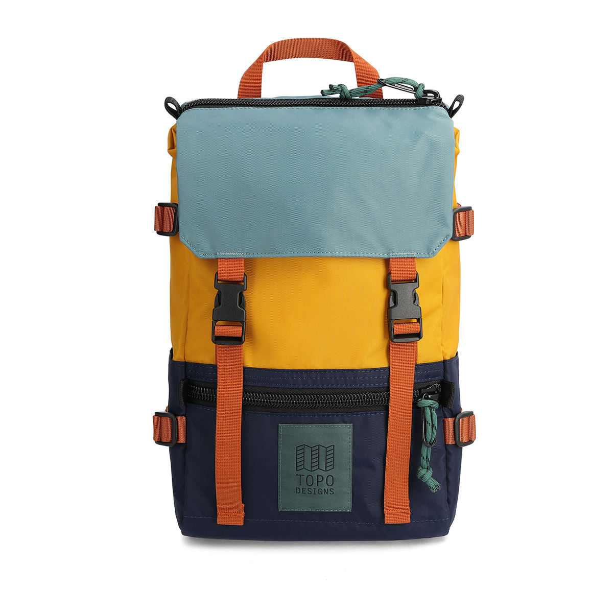 Topo Designs Rover Pack Mini Navy/Mustard, statement-makende rugtas met de perfecte maat om boodschappen mee te doen of mee te nemen tijdens een wandeling