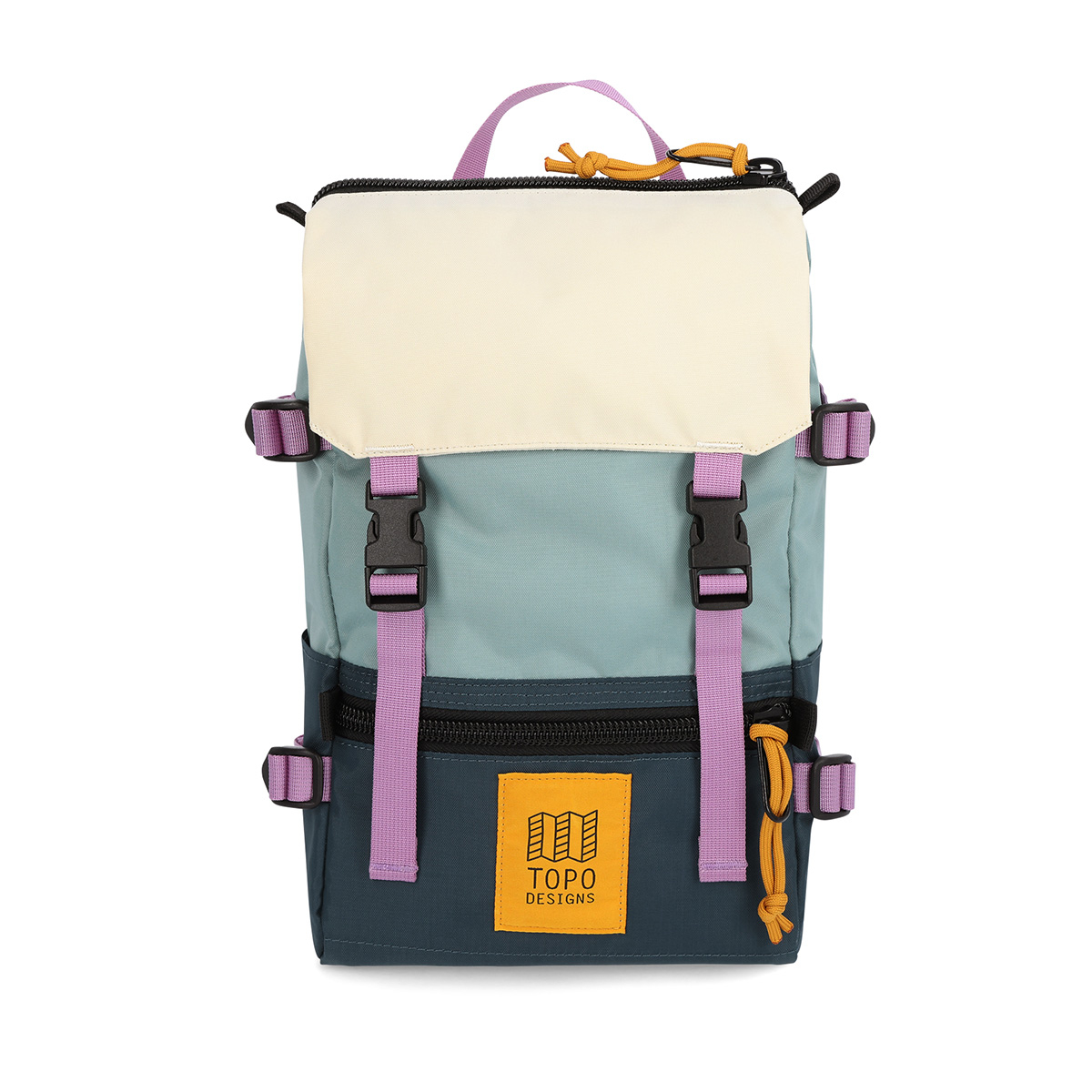 Topo Designs Rover Pack Mini Pond Blue/Sage, statement-makende rugtas met de perfecte maat om boodschappen mee te doen of mee te nemen tijdens een wandeling